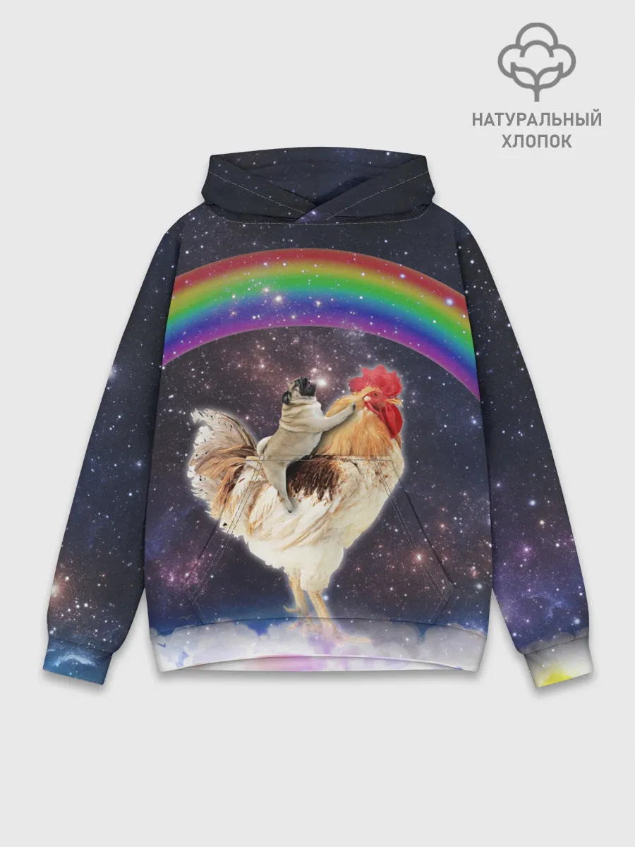 Худи мужской база хлопок / Мопс на курице в космосе