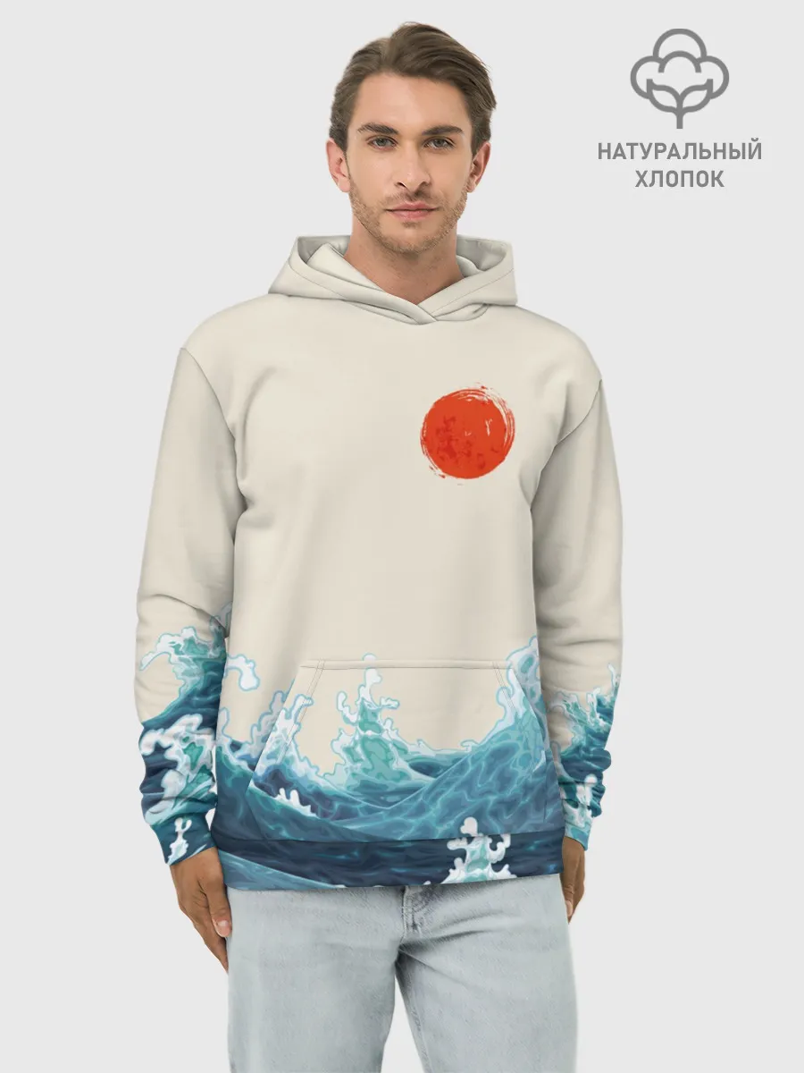 Худи мужской база хлопок / Японский Стиль Волны и Солнце