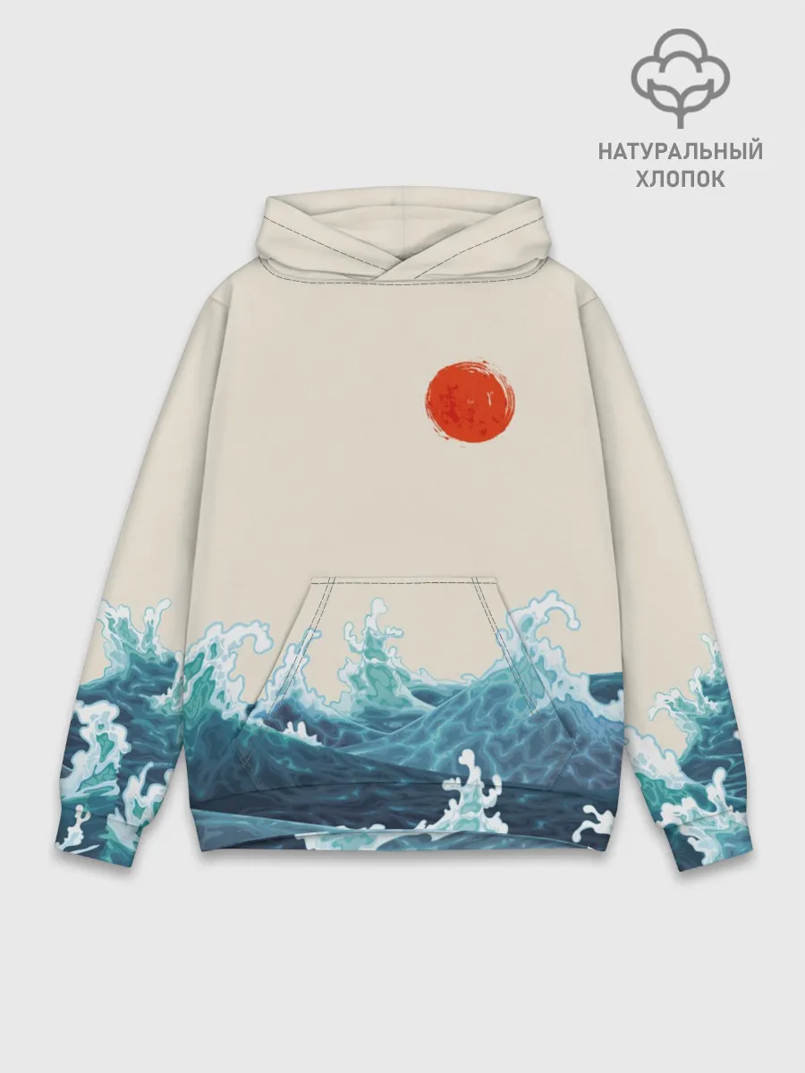 Худи мужской база хлопок / Японский Стиль Волны и Солнце