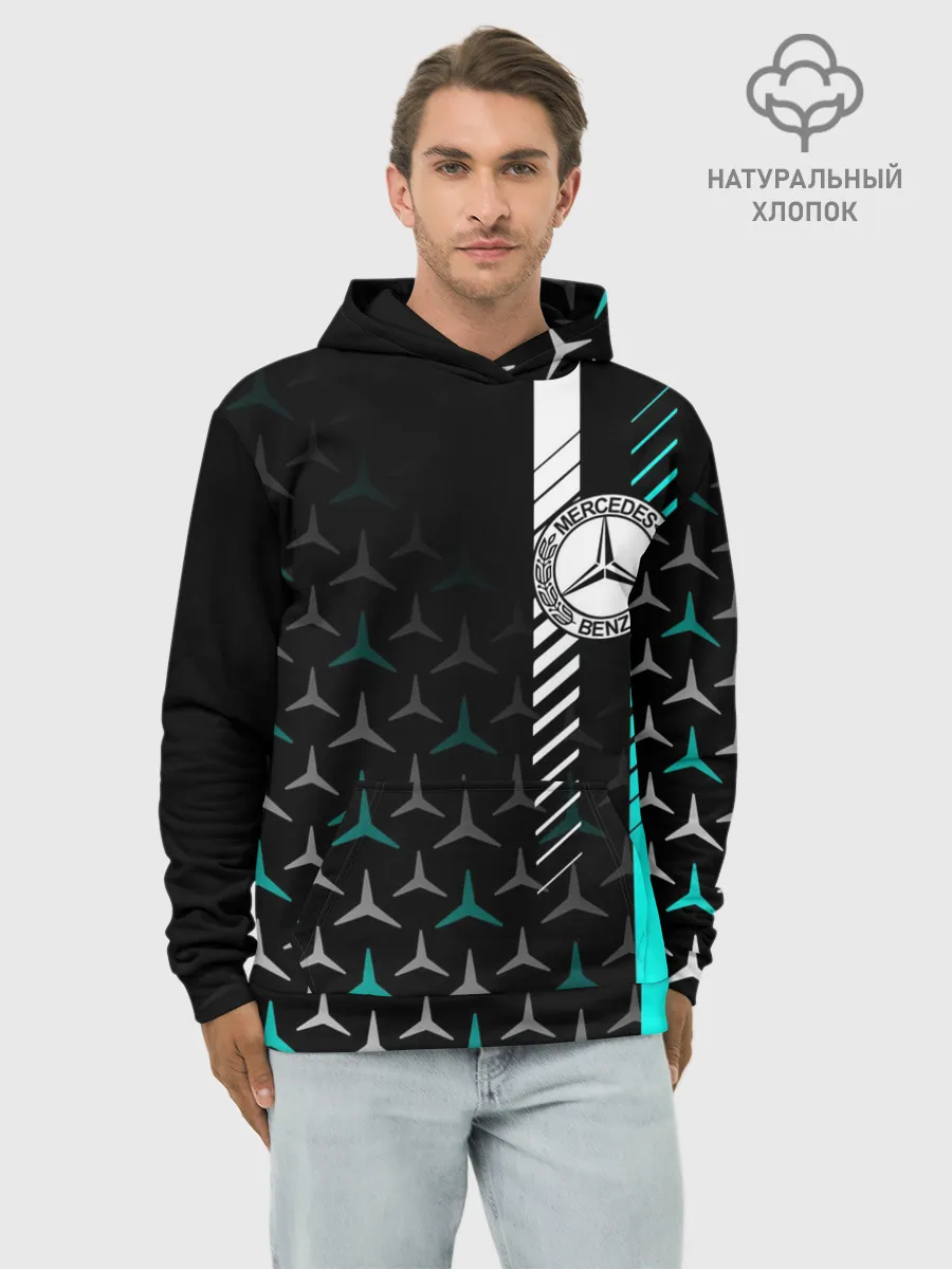 Худи мужской база хлопок / МЕРСЕДЕС / AQUA BLACK GRADIENT