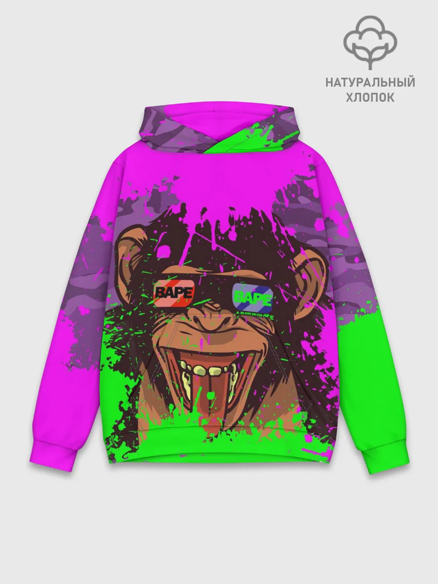 Худи мужской база хлопок / 3D Neon Monkey