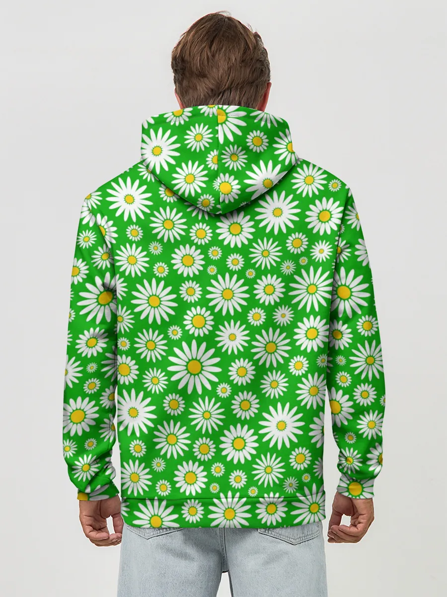 Худи мужской база хлопок / Ромашки на зелёном фоне
