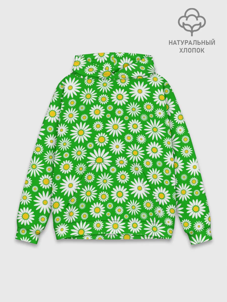 Худи мужской база хлопок / Ромашки на зелёном фоне