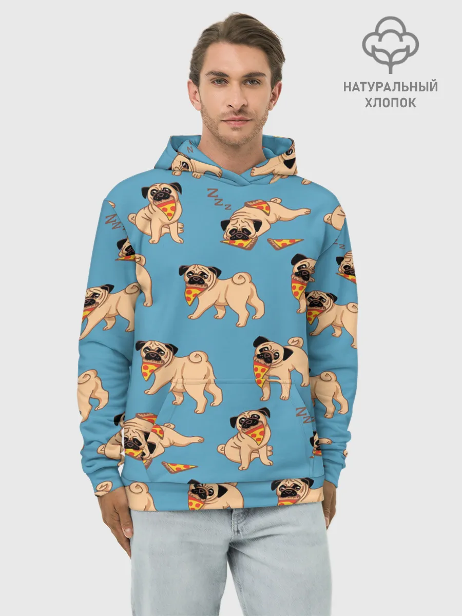 Худи мужской база хлопок / Мопсы с пиццей
