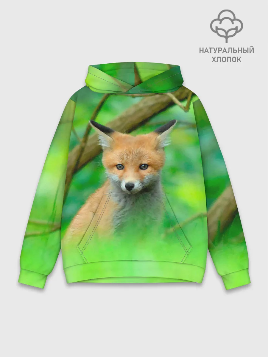 Худи мужской база хлопок / Лисенок в зеленом лесу