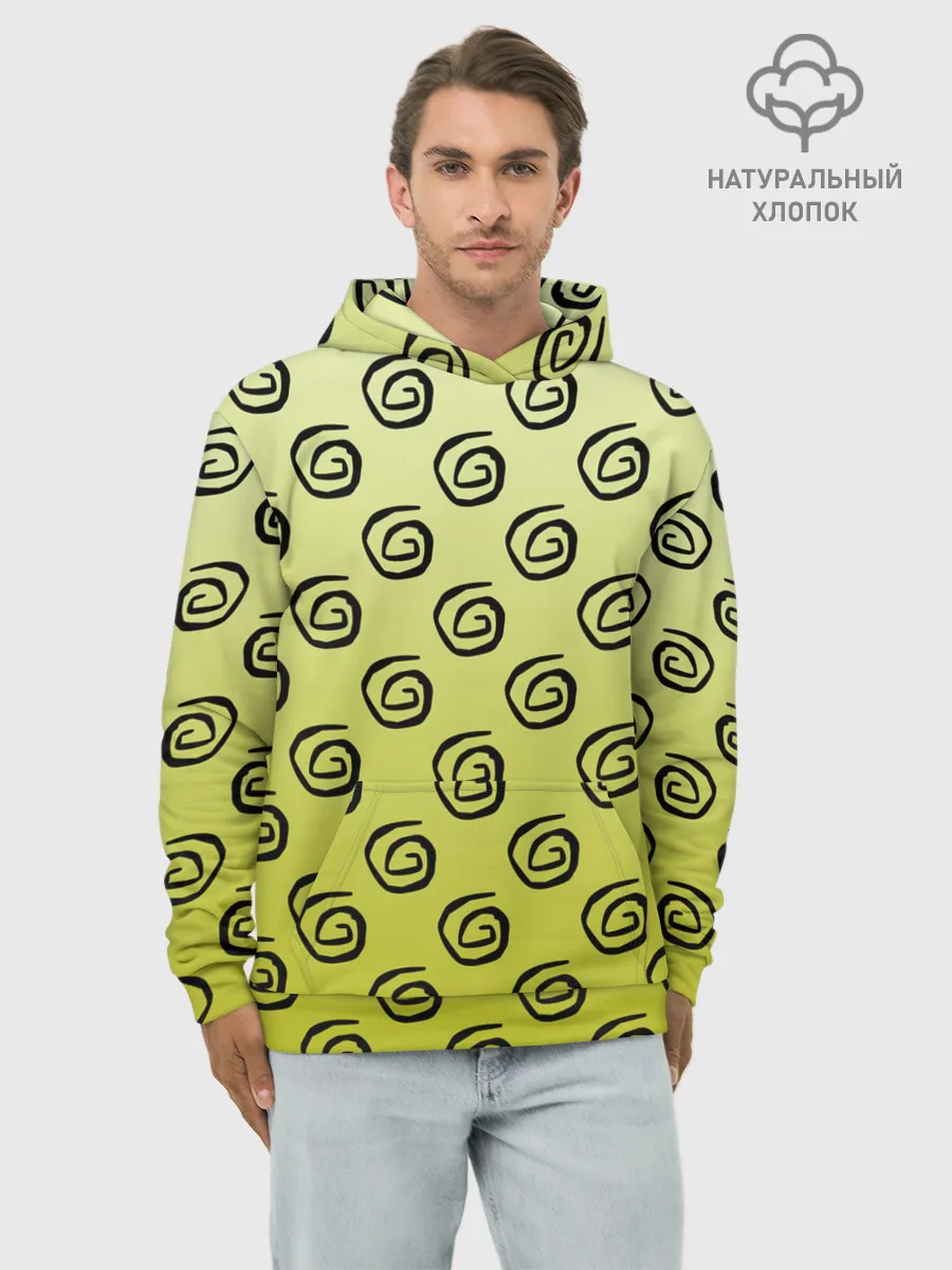 Худи мужской база хлопок / узор спиральки на желтом фоне