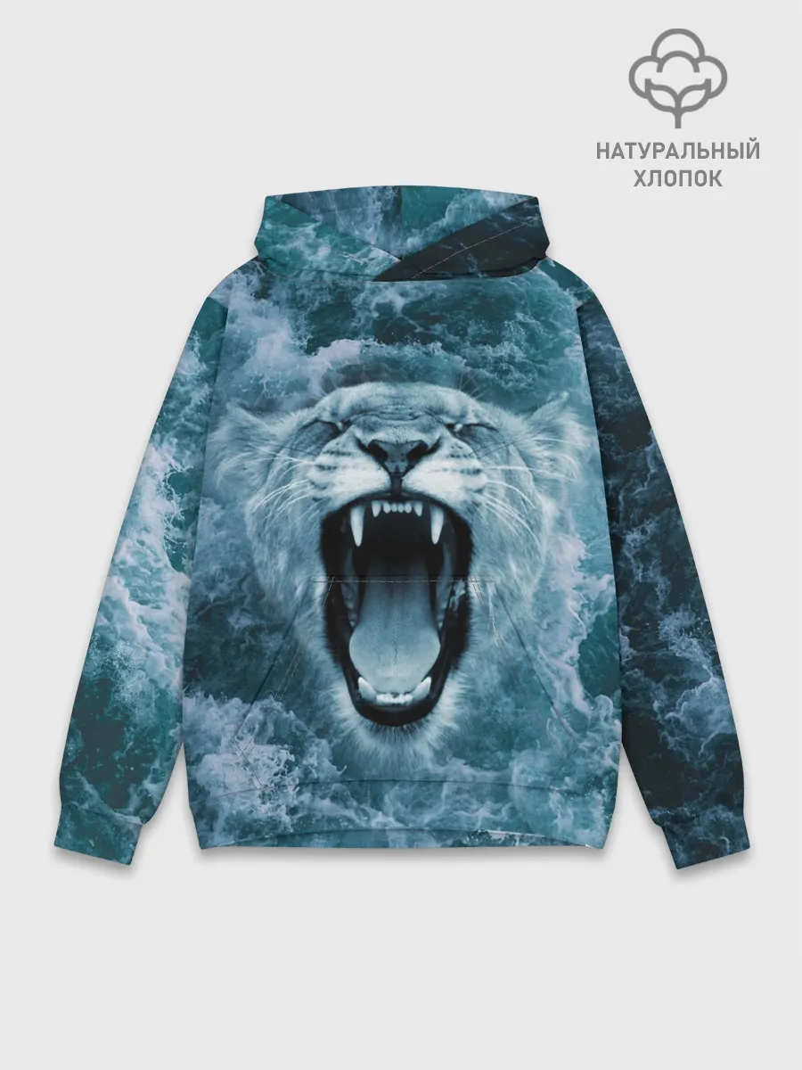 Худи мужской база хлопок / Львица в бушующих волнах