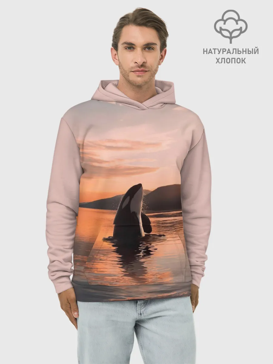 Худи мужской база хлопок / касатки на закате