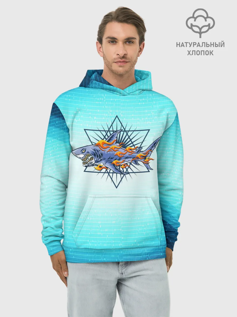 Худи мужской база хлопок / Акула в огне
