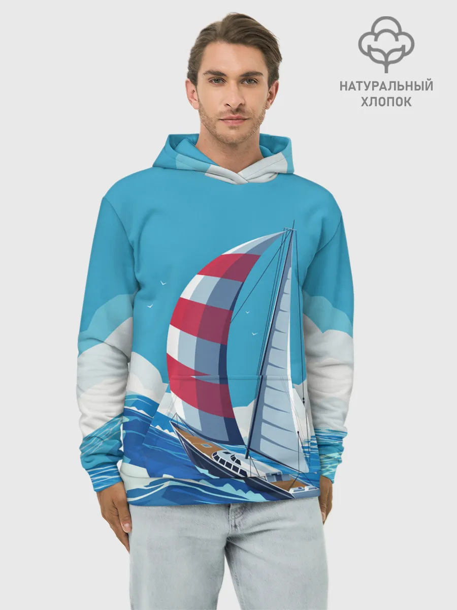 Худи мужской база хлопок / ПАРУСНИК В МОРЕ | ЛЮБЛЮ МОРЕ