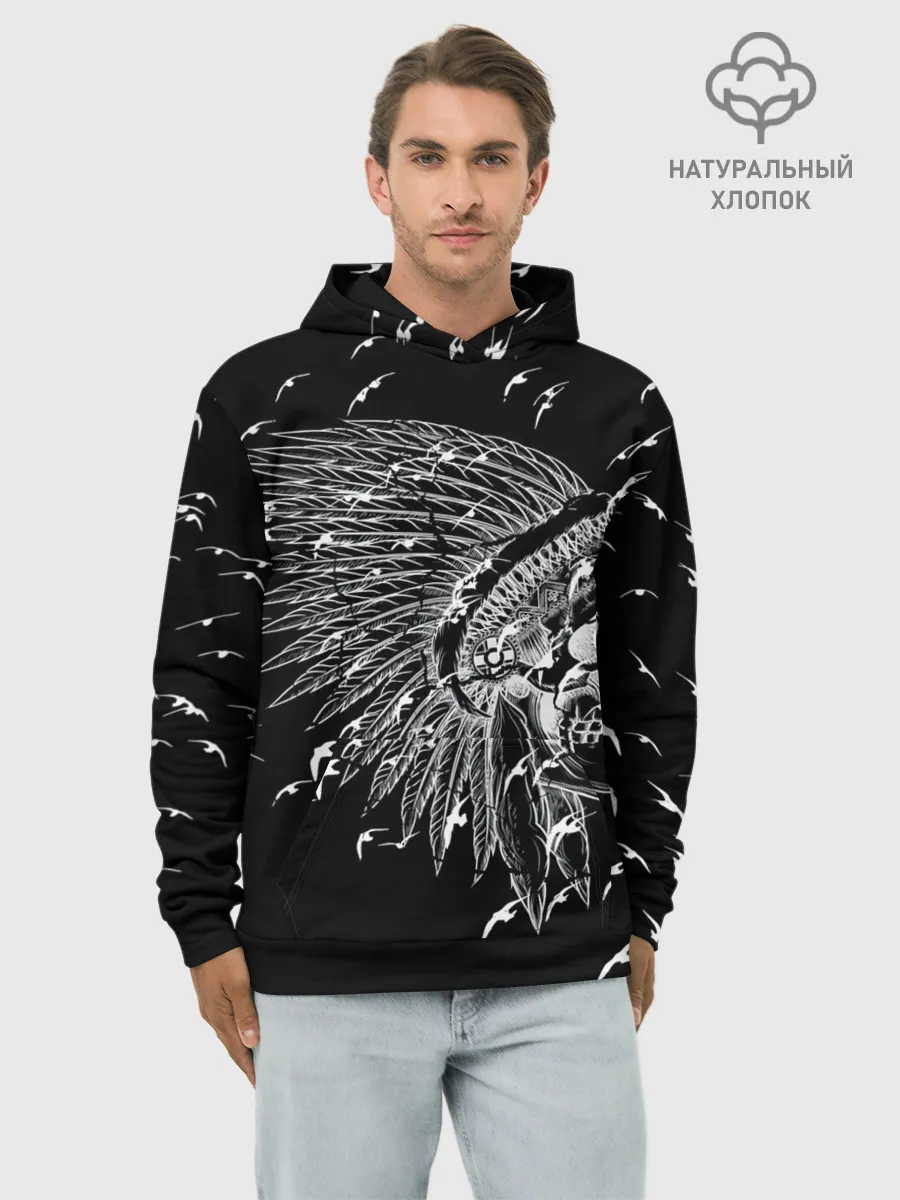 Худи мужской база хлопок / Череп Индейца Перья