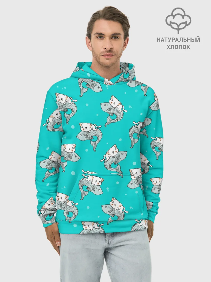 Худи мужской база хлопок / Котики и рыбки