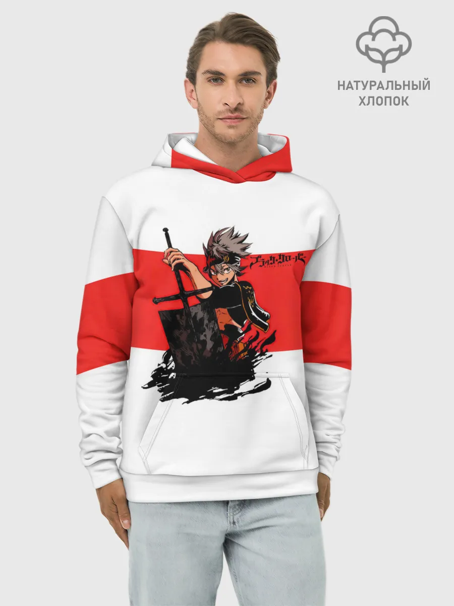 Худи мужской база хлопок / Чёрный клевер Аста красная полоса