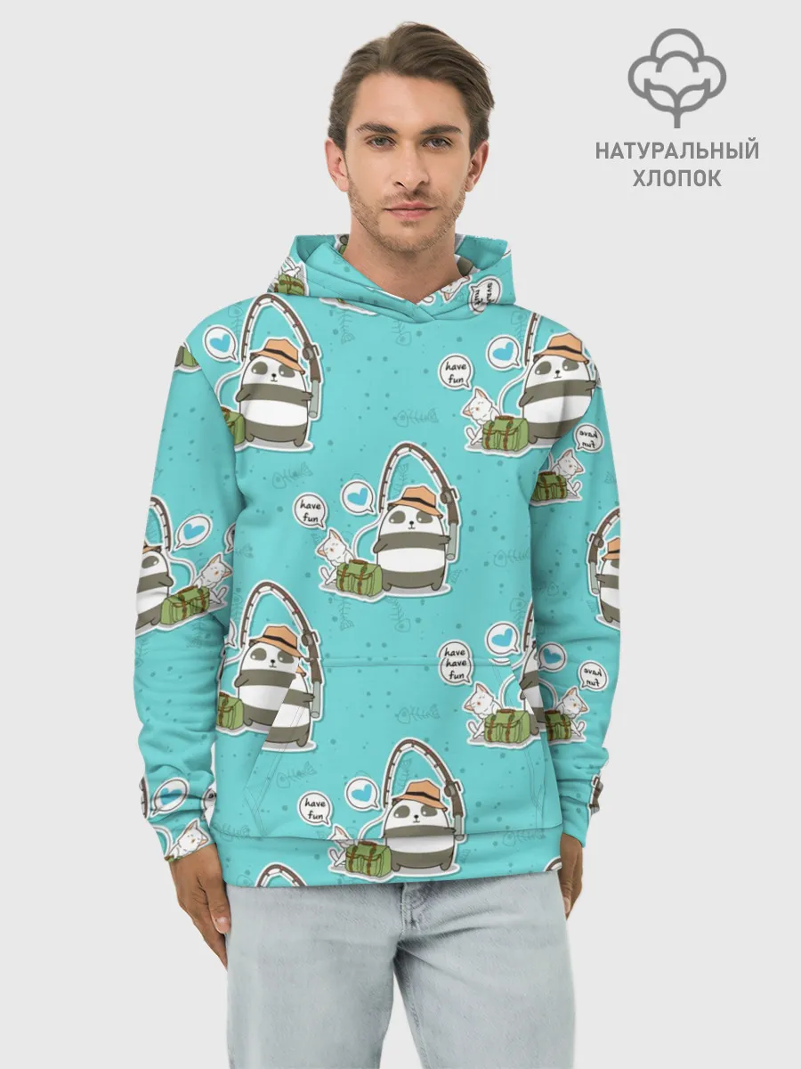 Худи мужской база хлопок / Панда на рыбалке