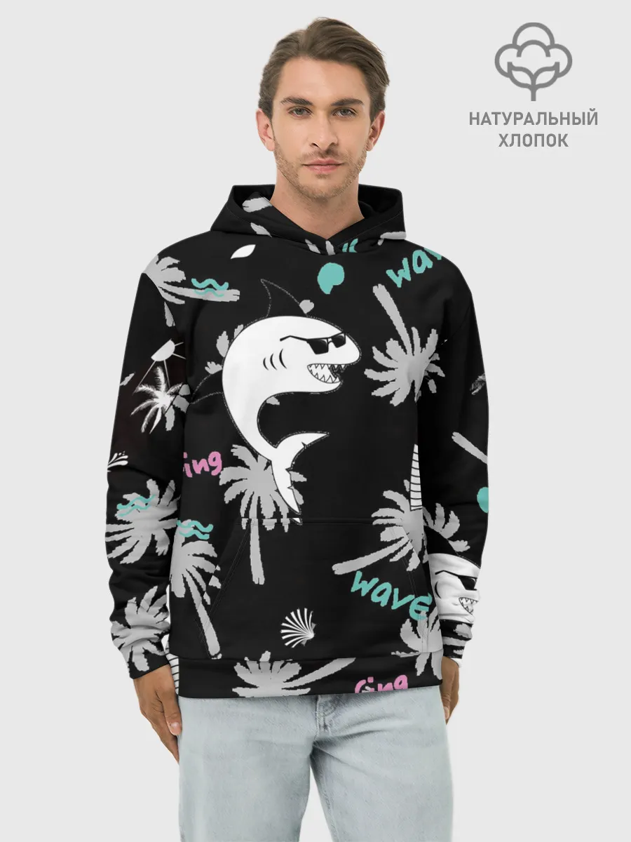 Худи мужской база хлопок / Акула и серфинг