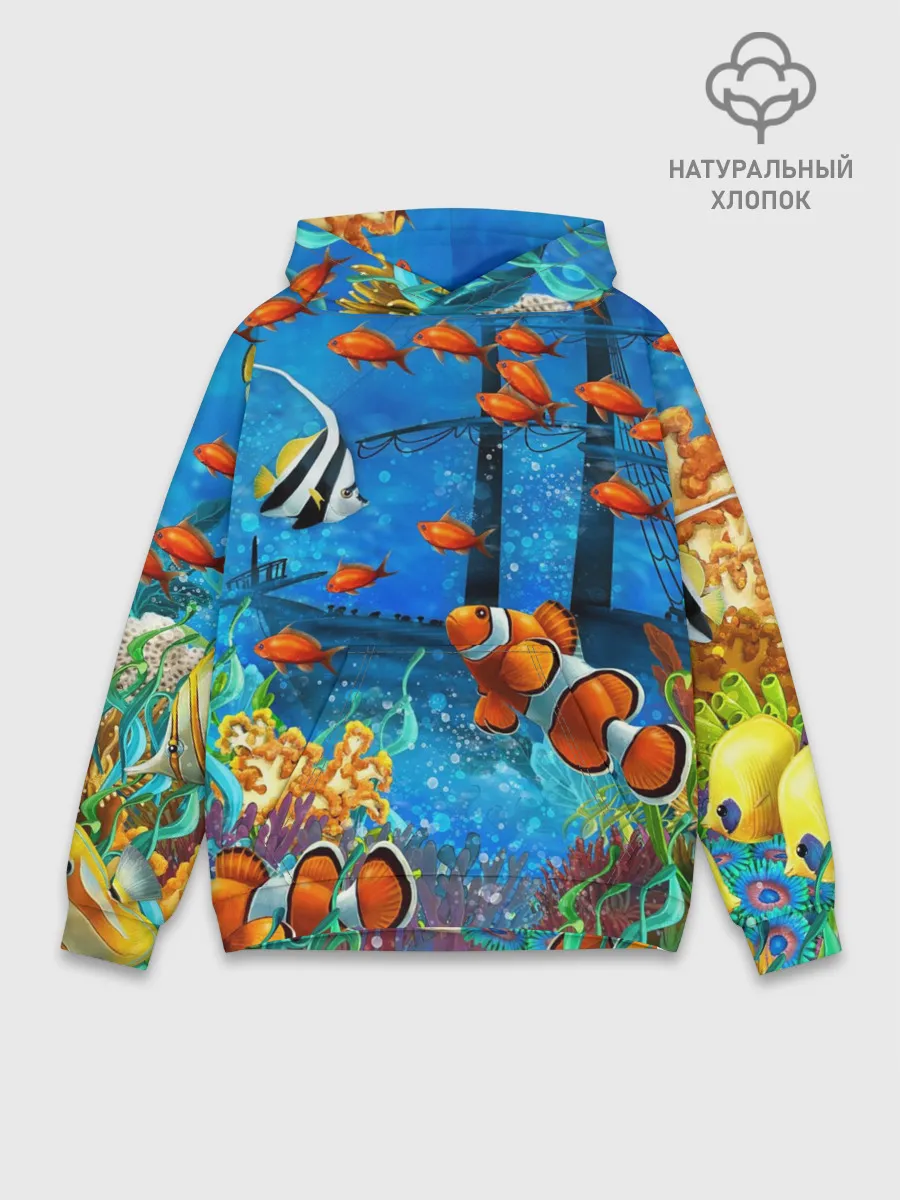 Худи мужской база хлопок / На глубине | Рыбки | Пляжная