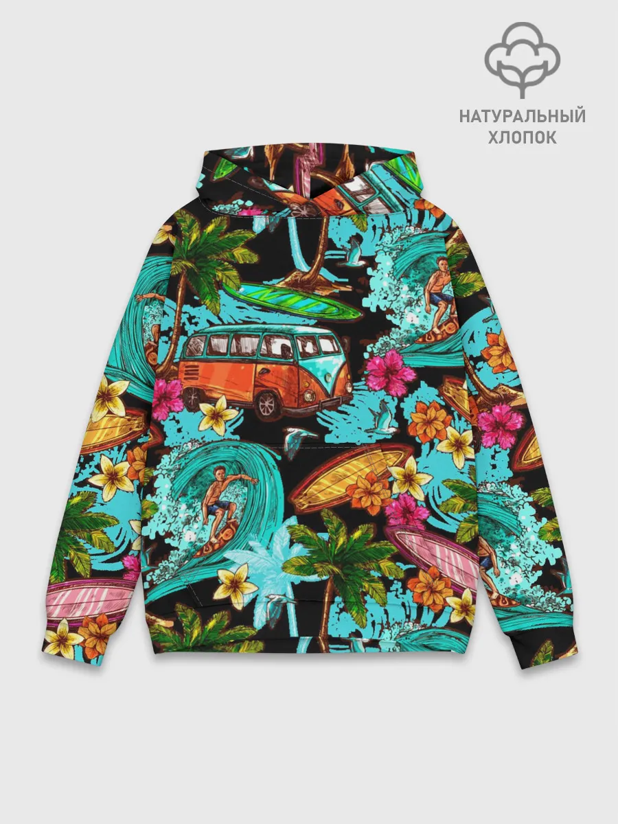 Худи мужской база хлопок / Пальмы, волны, серфинг