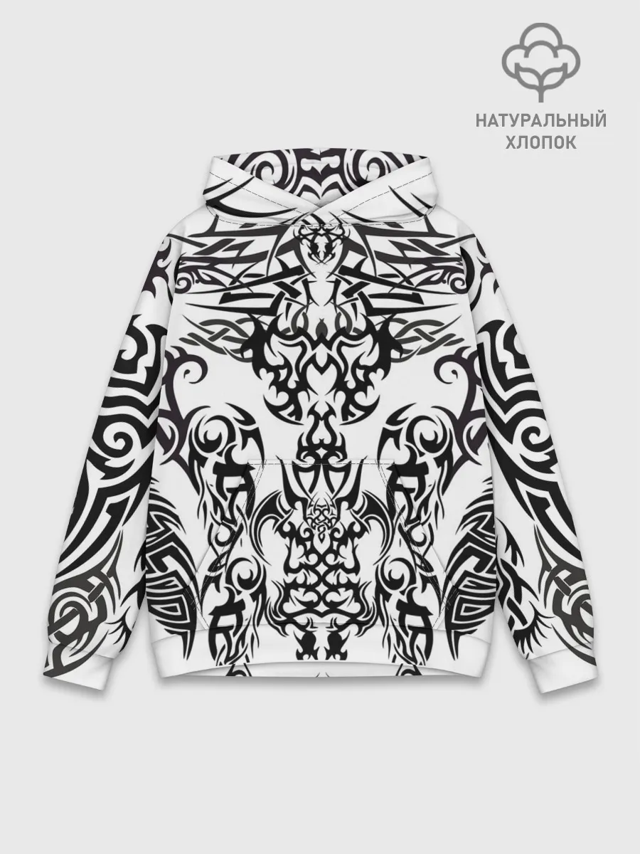 Худи мужской база хлопок / ТАТУ ЧЕРНО БЕЛОЕ УЗОР