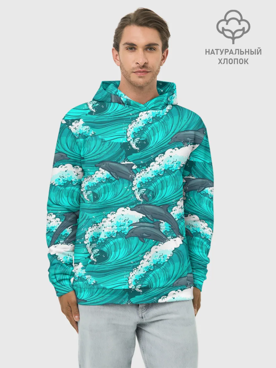 Худи мужской база хлопок / Дельфины в море