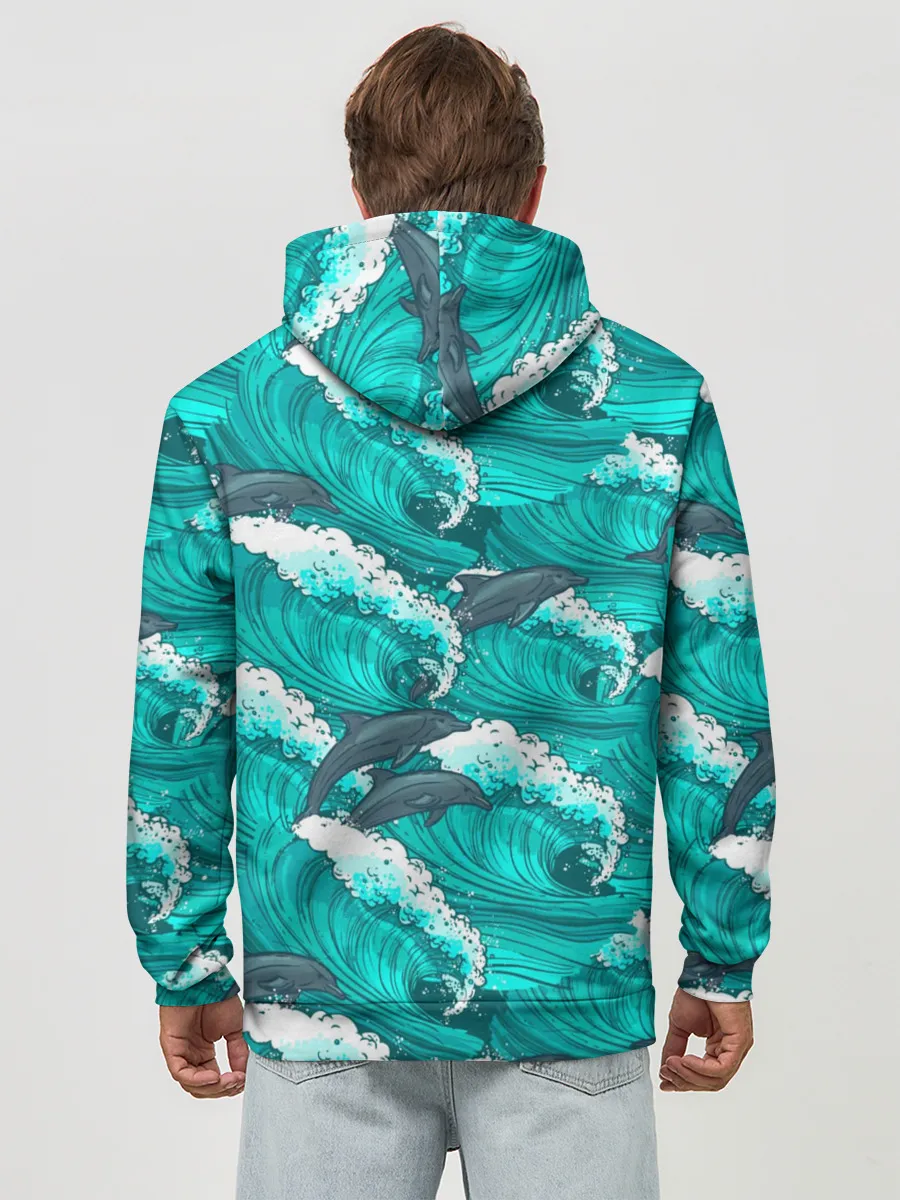 Худи мужской база хлопок / Дельфины в море