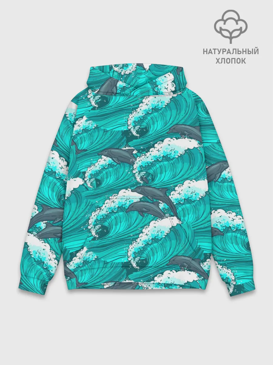 Худи мужской база хлопок / Дельфины в море