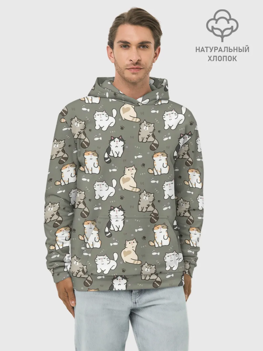 Худи мужской база хлопок / Кошечки с рыбками