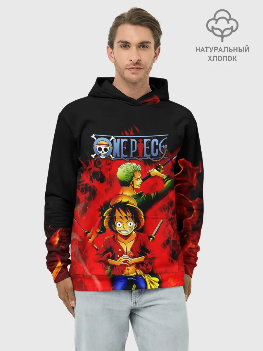 Худи мужской база хлопок / Зоро и Луффи в огне One Piece