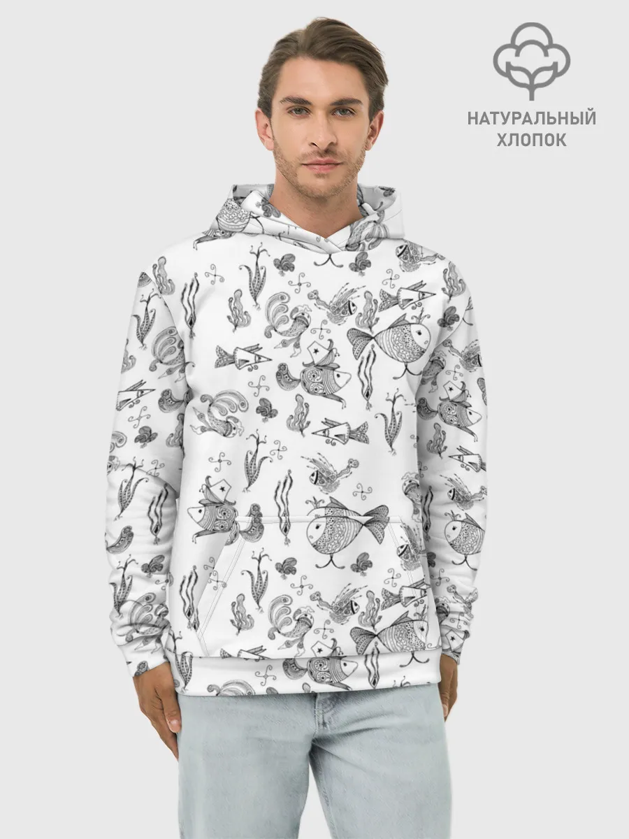 Худи мужской база хлопок / Рисованные сказочные рыбки