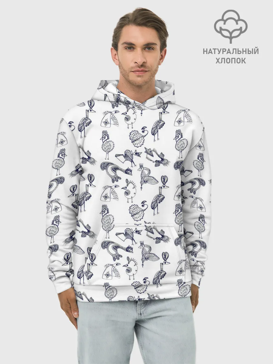 Худи мужской база хлопок / Скетч сказочные птицы