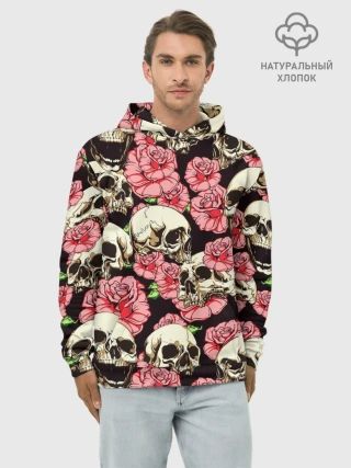 Худи мужской база хлопок / Черепа и цветы