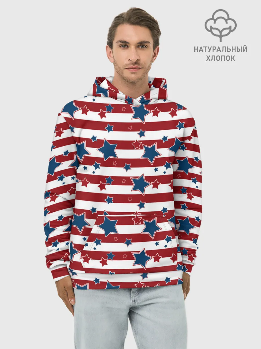 Худи мужской база хлопок / Синие звезды на полосатом фоне