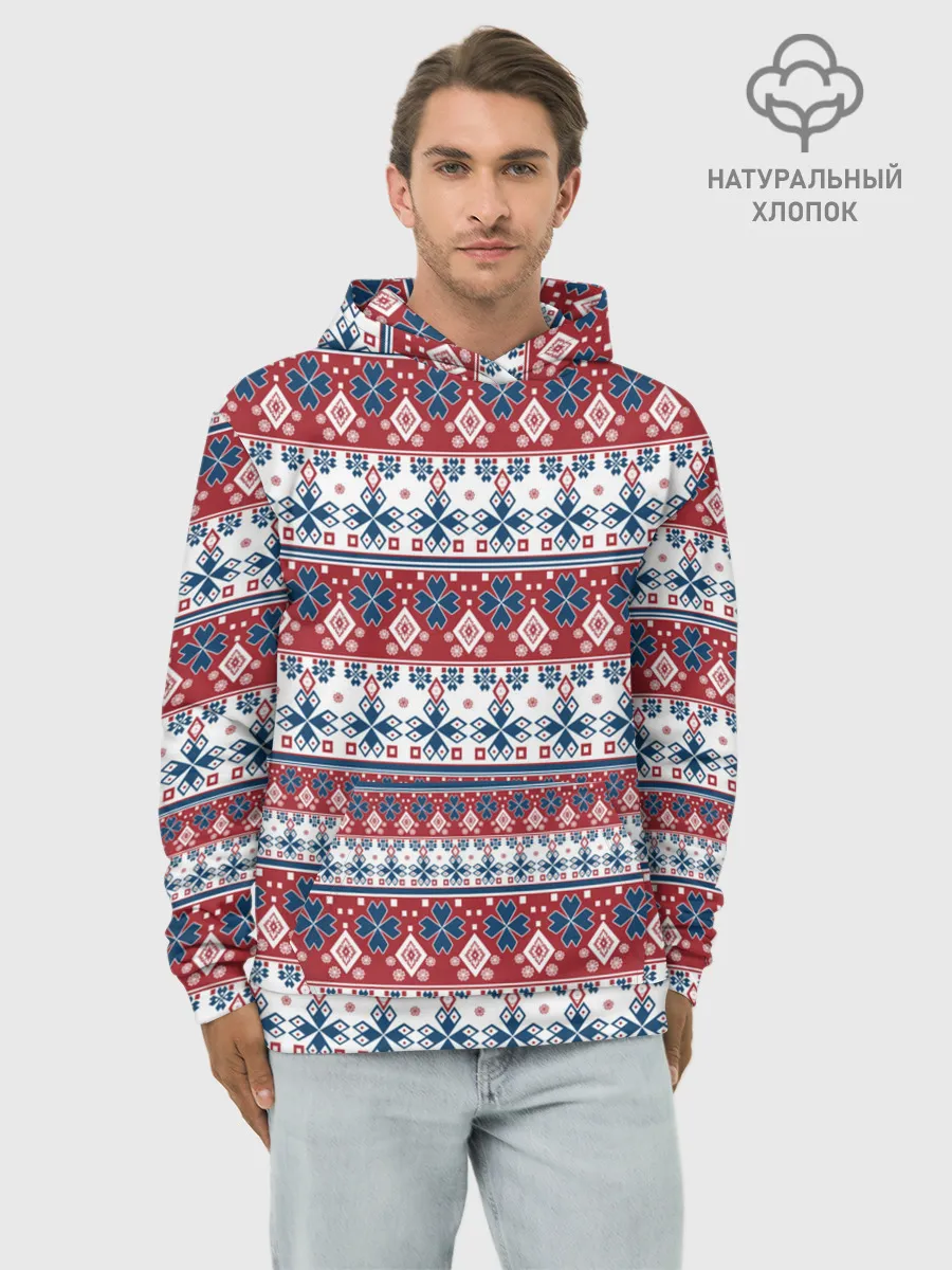 Худи мужской база хлопок / Этнический красно-синий узор