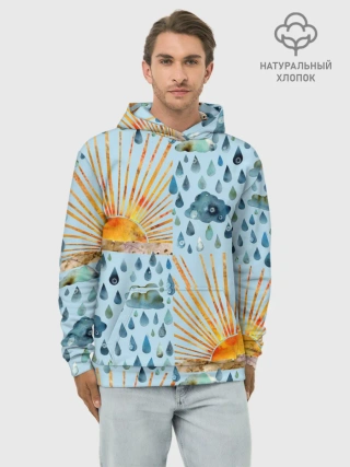 Худи мужской база хлопок / Осенний паттерн: Дождь и солнце