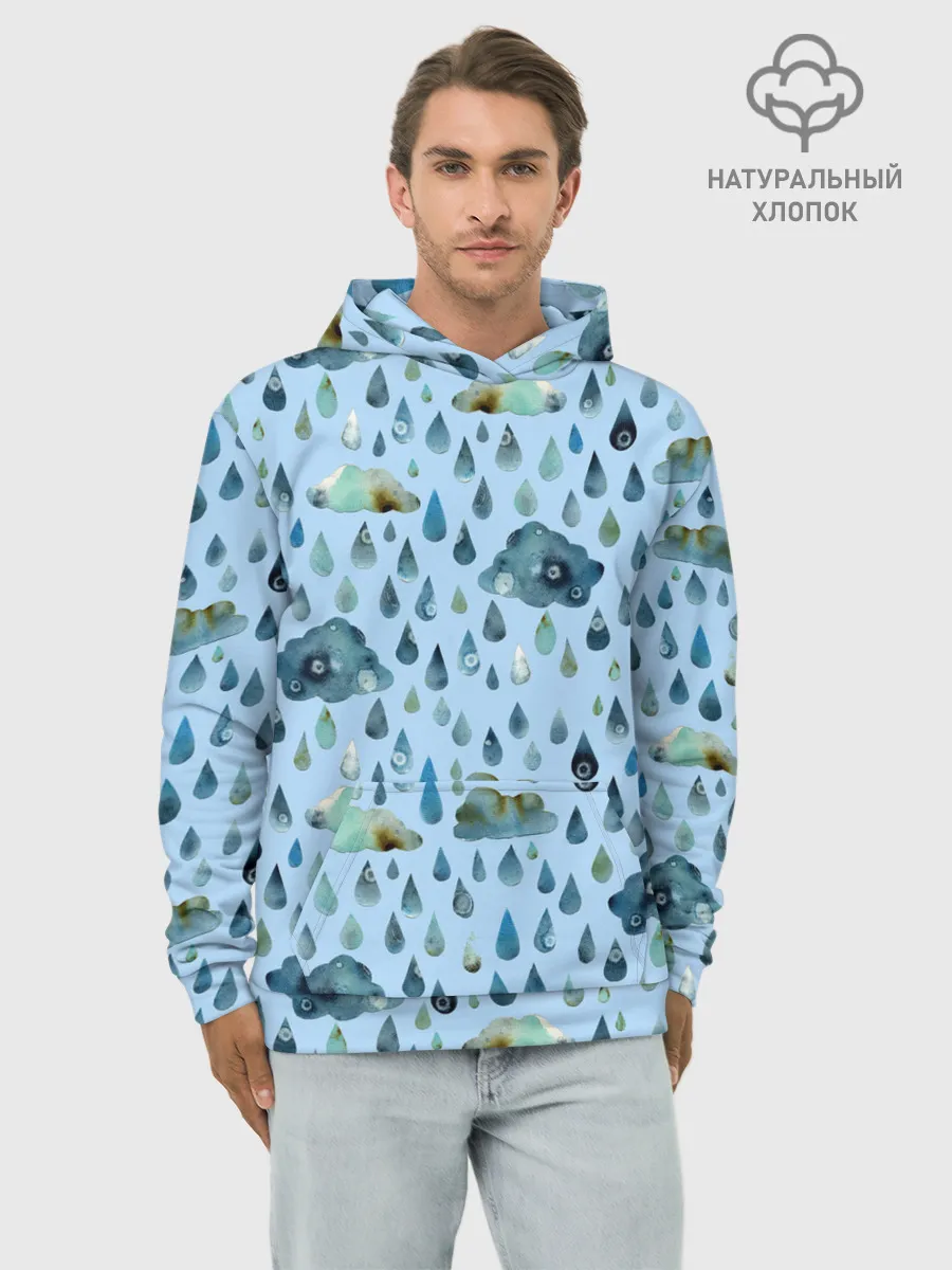 Худи мужской база хлопок / Дождливая осень.Тучки и дождь
