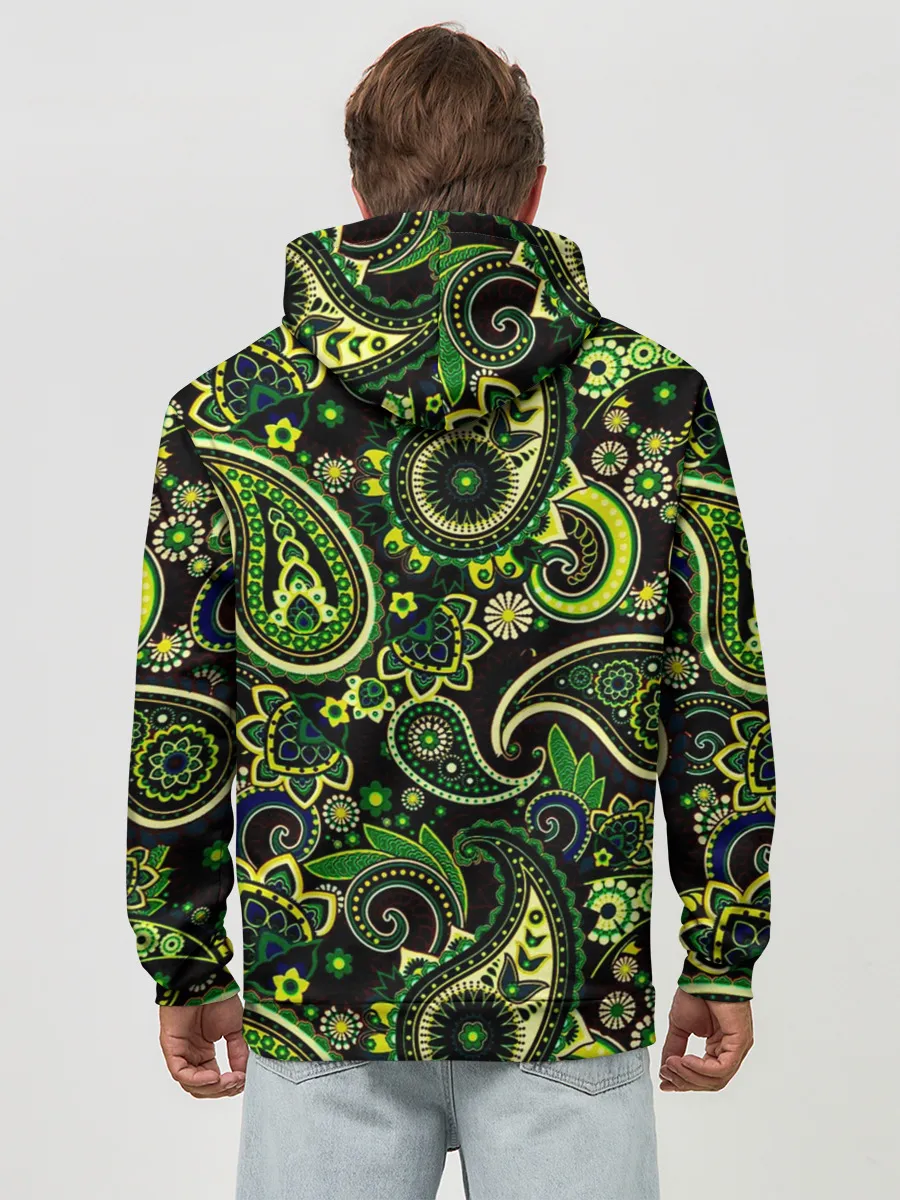 Худи мужской база хлопок / Ярко зеленые славянские узоры