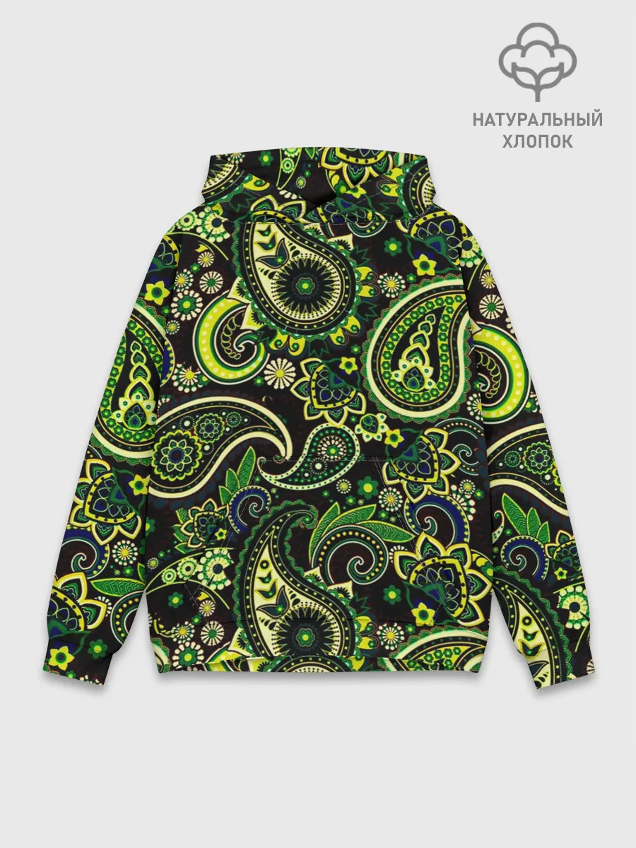 Худи мужской база хлопок / Ярко зеленые славянские узоры