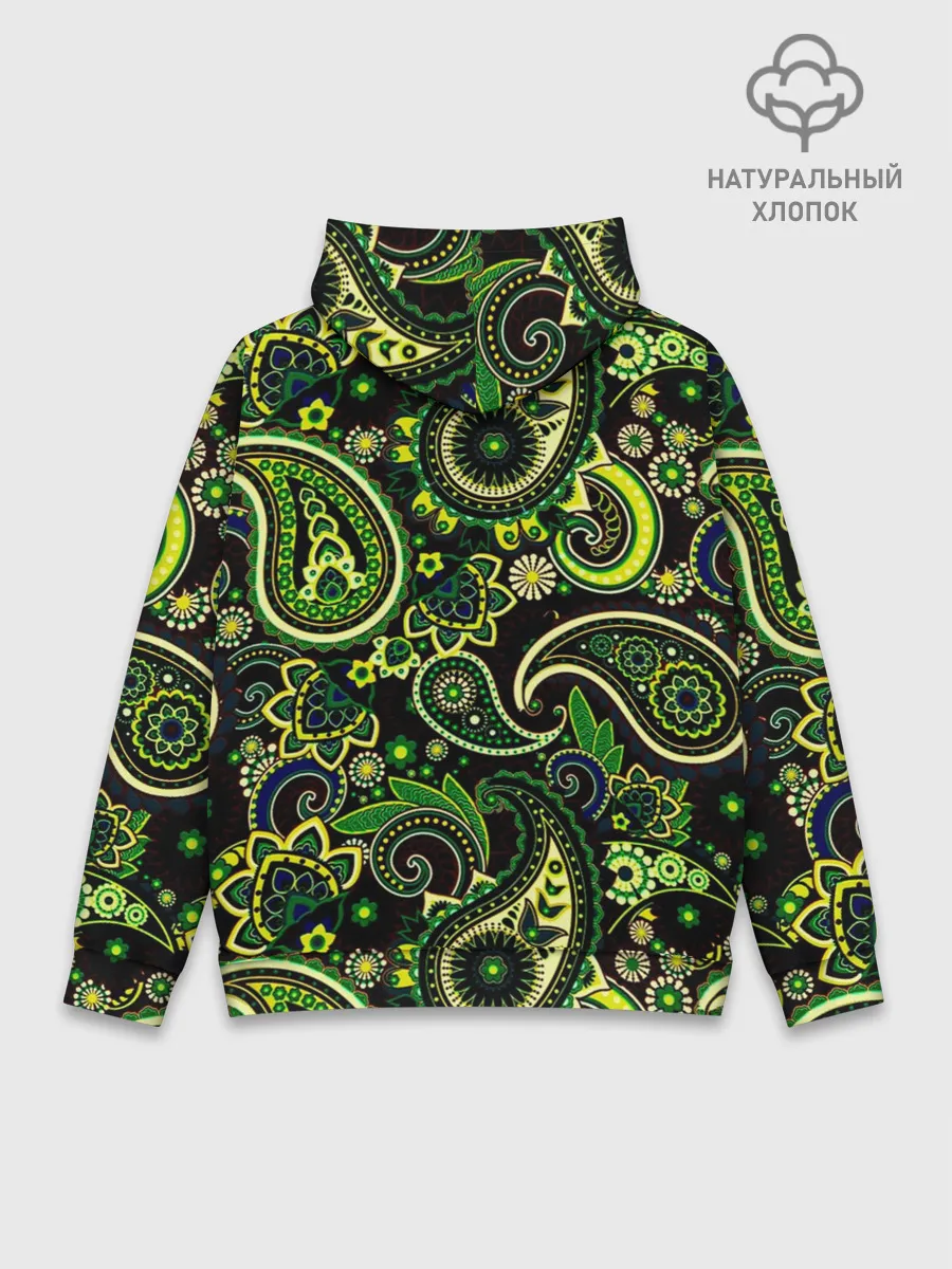 Худи мужской база хлопок / Ярко зеленые славянские узоры