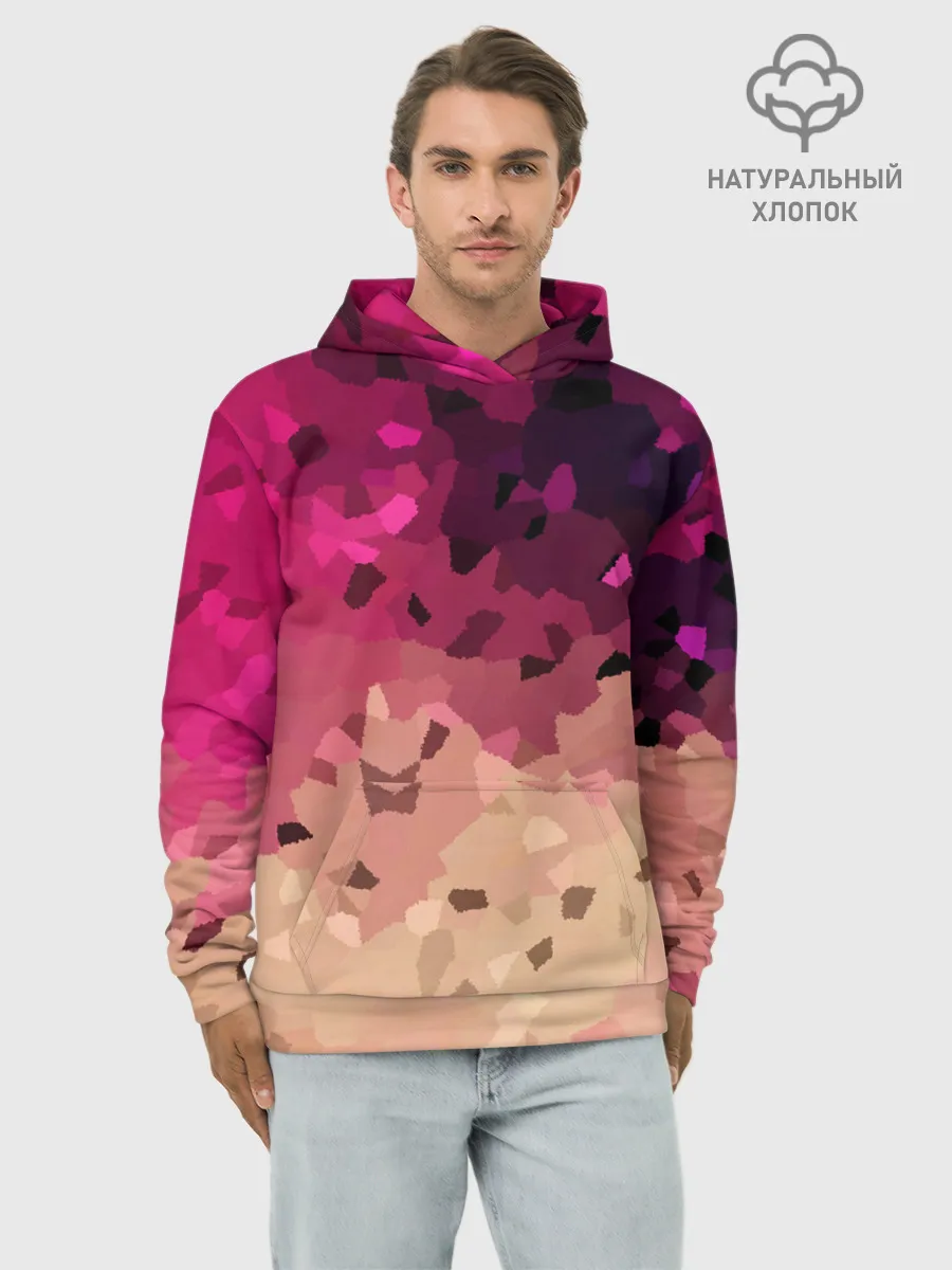 Худи мужской база хлопок / Бежево-малиновый абстрактный