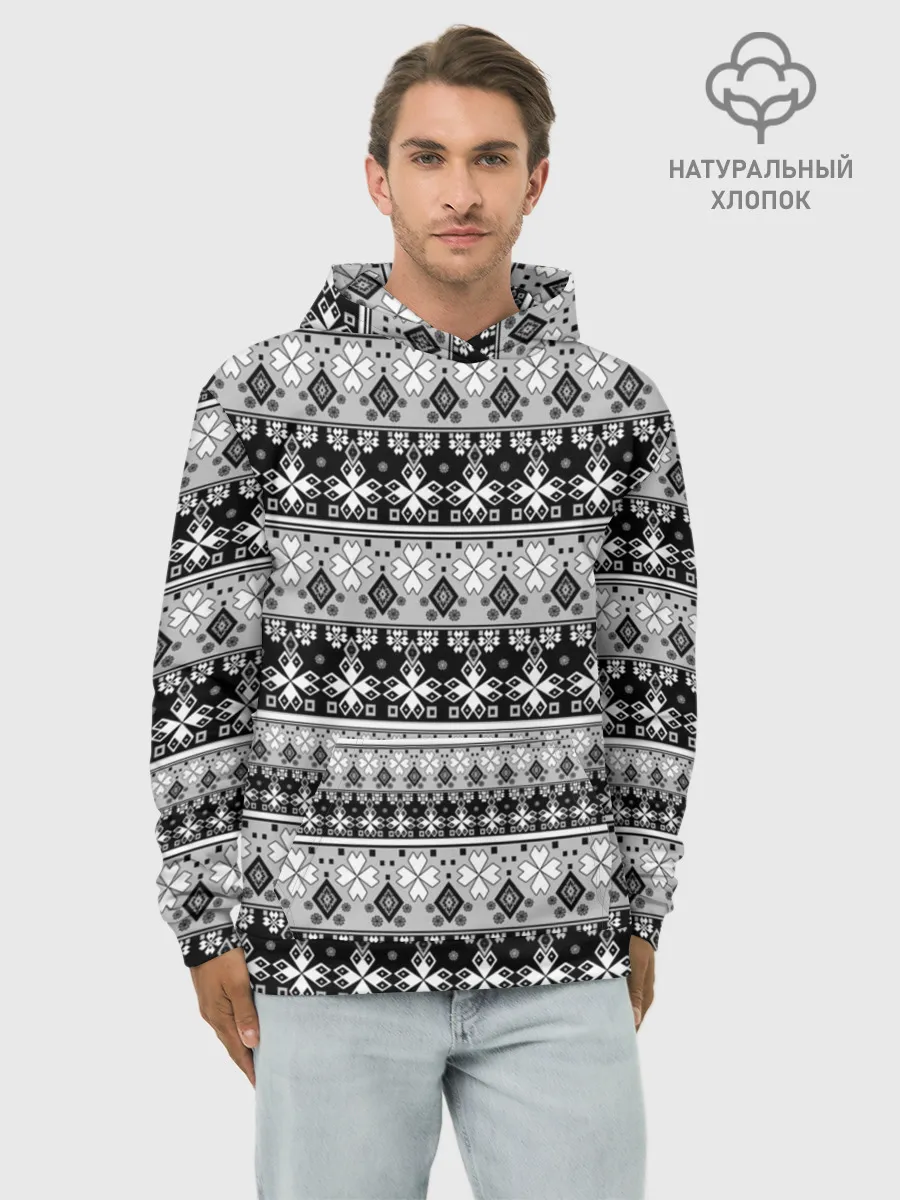 Худи мужской база хлопок / Черно-белый орнамент