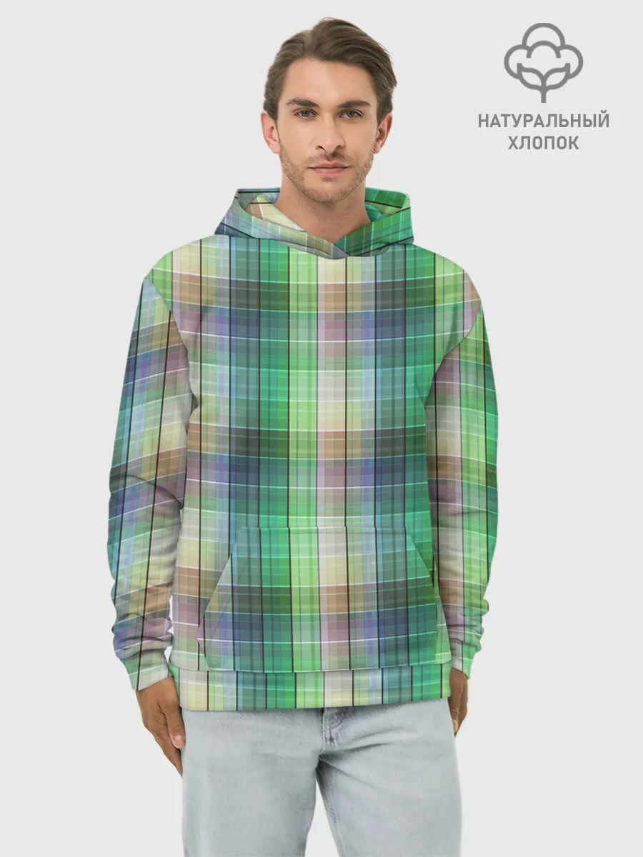 Худи мужской база хлопок / Зеленый клетчатый узор