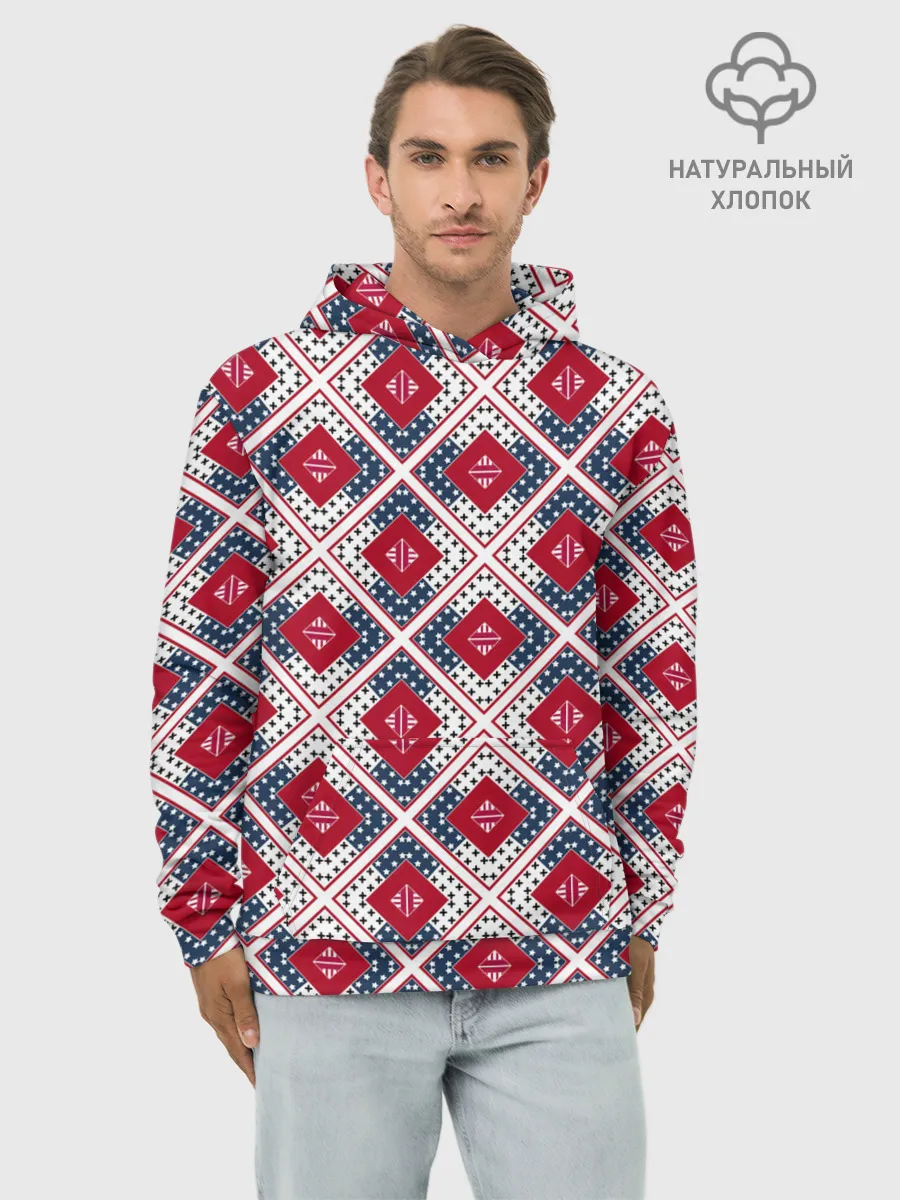 Худи мужской база хлопок / Красно-синий плед -клетка