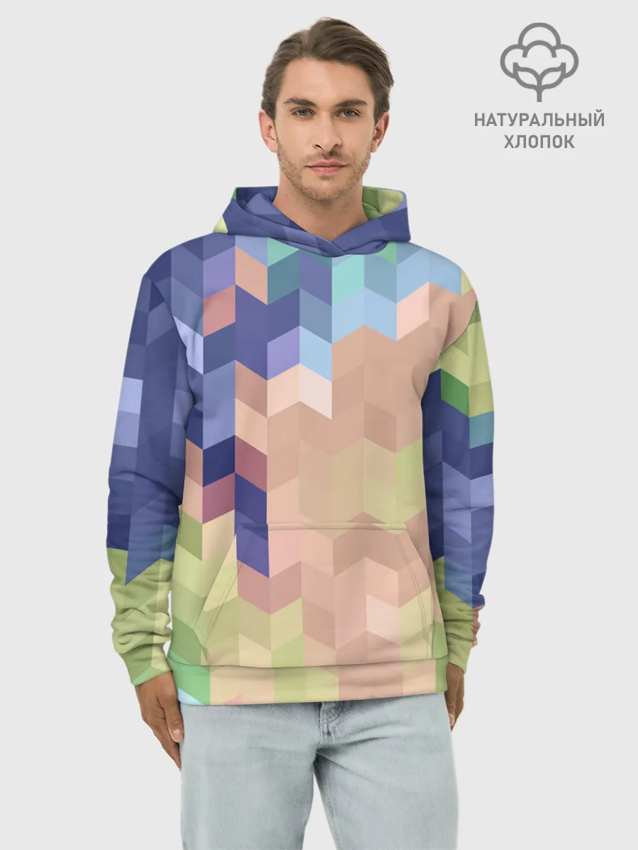 Худи мужской база хлопок / Абстрактный бежево-синий узор