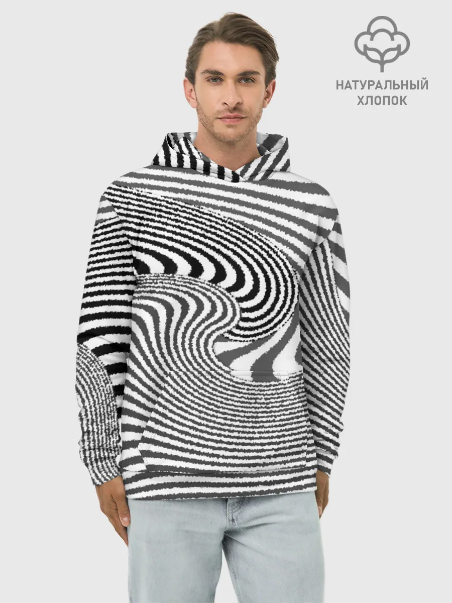 Худи мужской база хлопок / Черно белый мозаичный узор