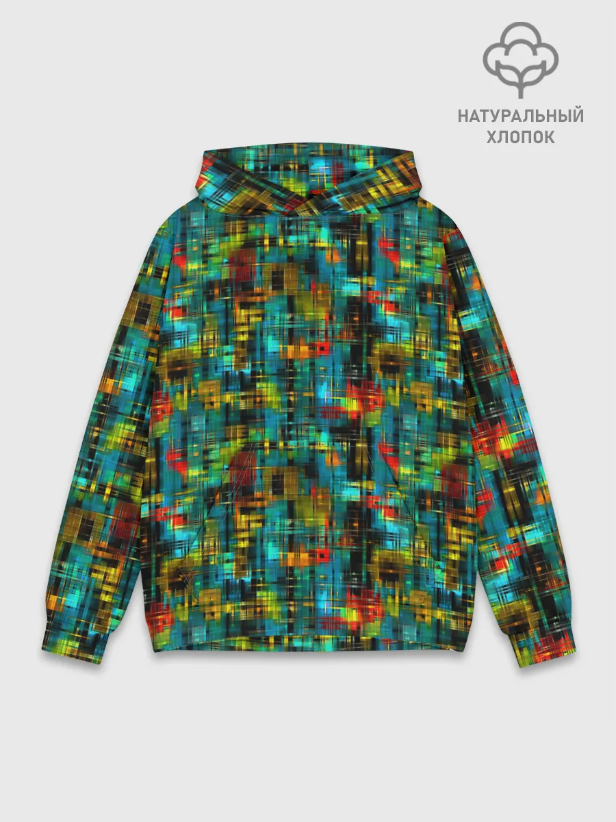 Худи мужской база хлопок / Разноцветные штрихи на бирюзе