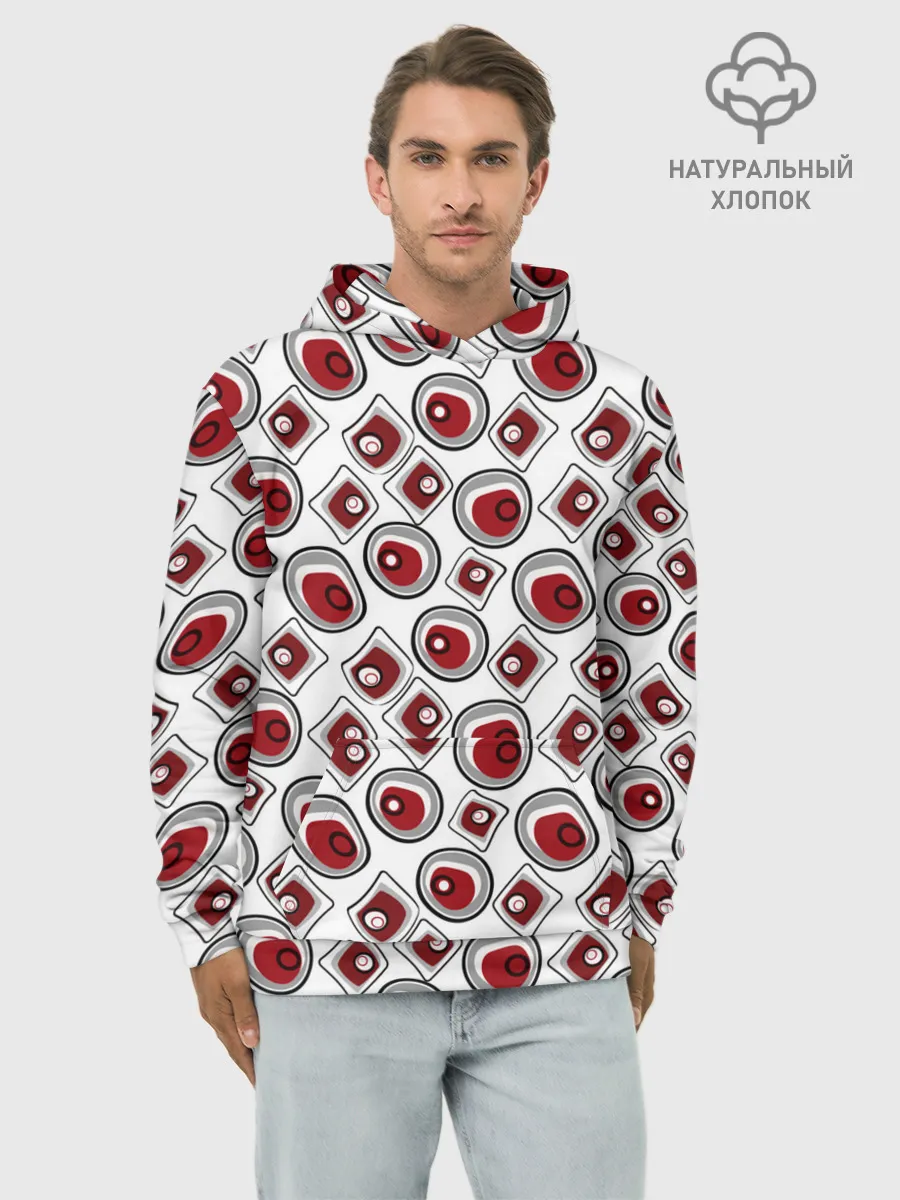 Худи мужской база хлопок / Красно черный узор на белом