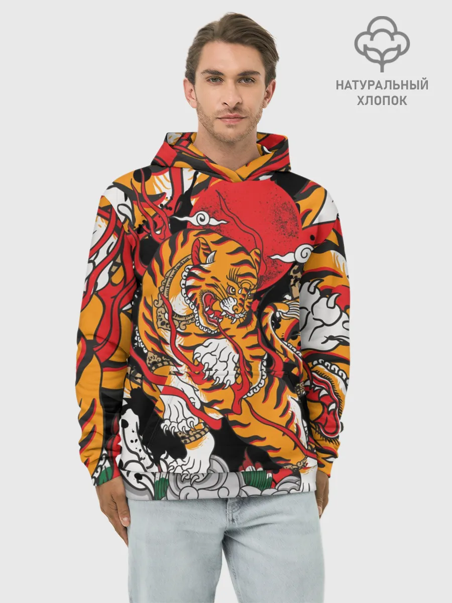 Худи мужской база хлопок / Самурайский тигр