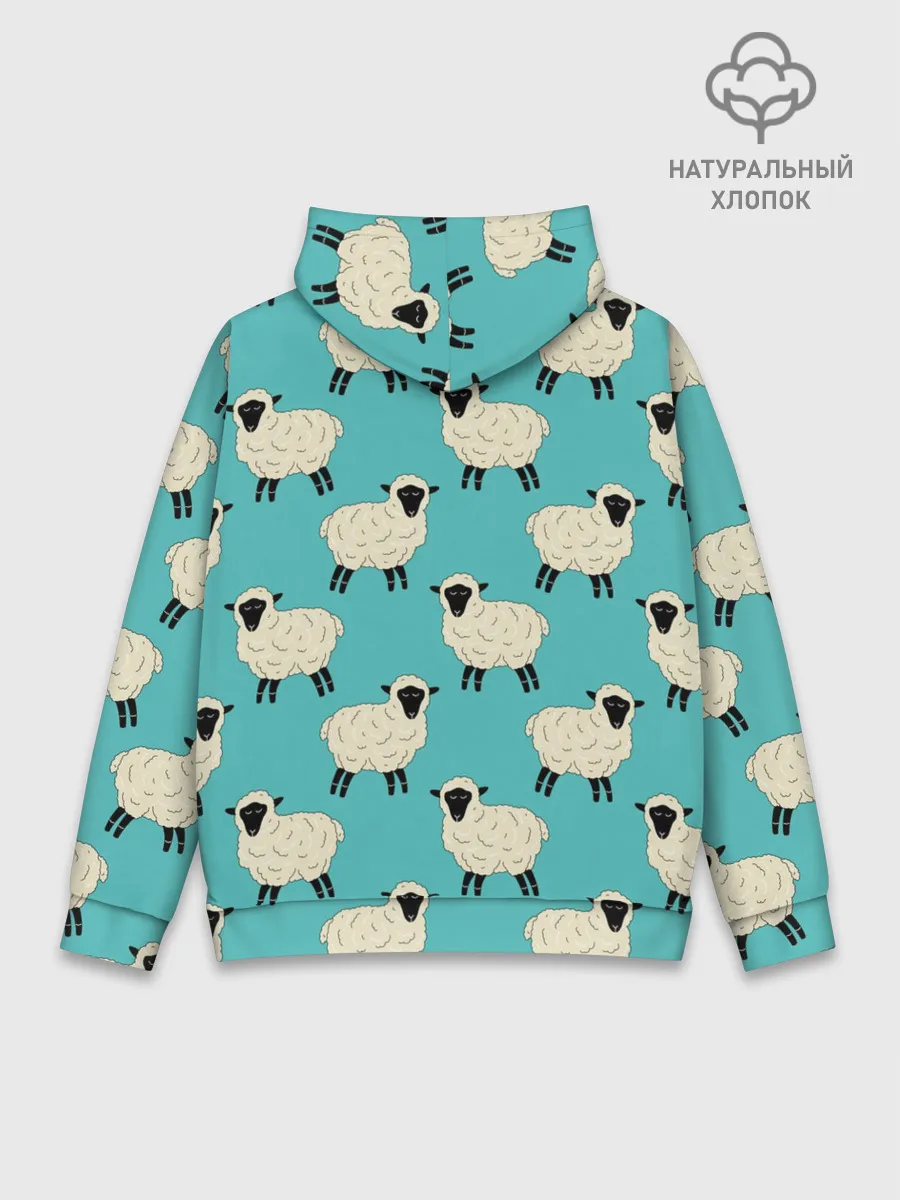 Худи мужской база хлопок / Овечки паттерн на бирюзовом