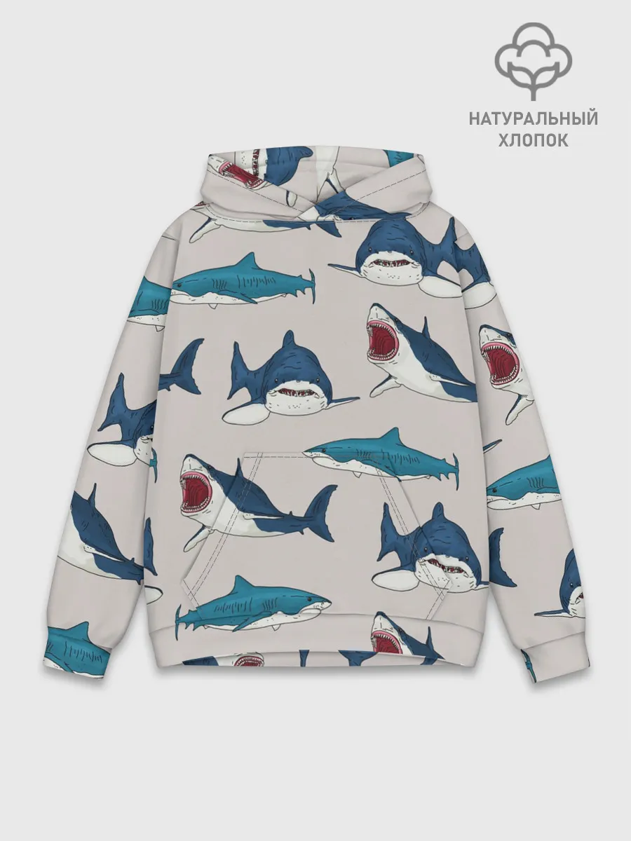 Худи мужской база хлопок / Кровожадные акулы паттерн