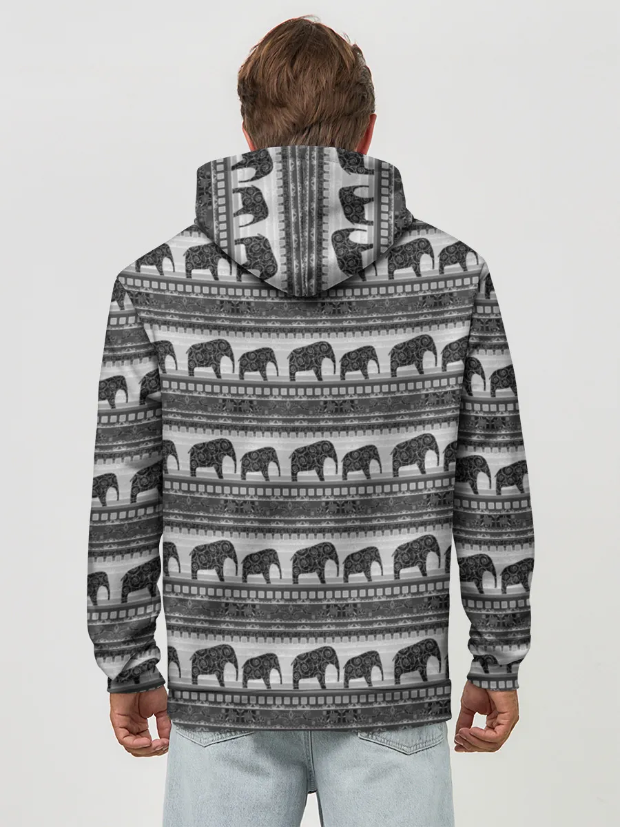 Худи мужской база хлопок / Черно-белый узор слоны