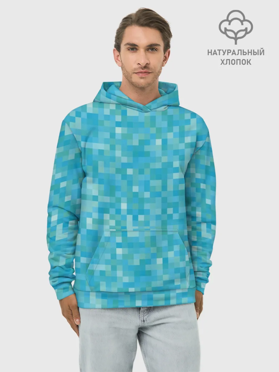 Худи мужской база хлопок / Бирюзовая пиксель абстракция